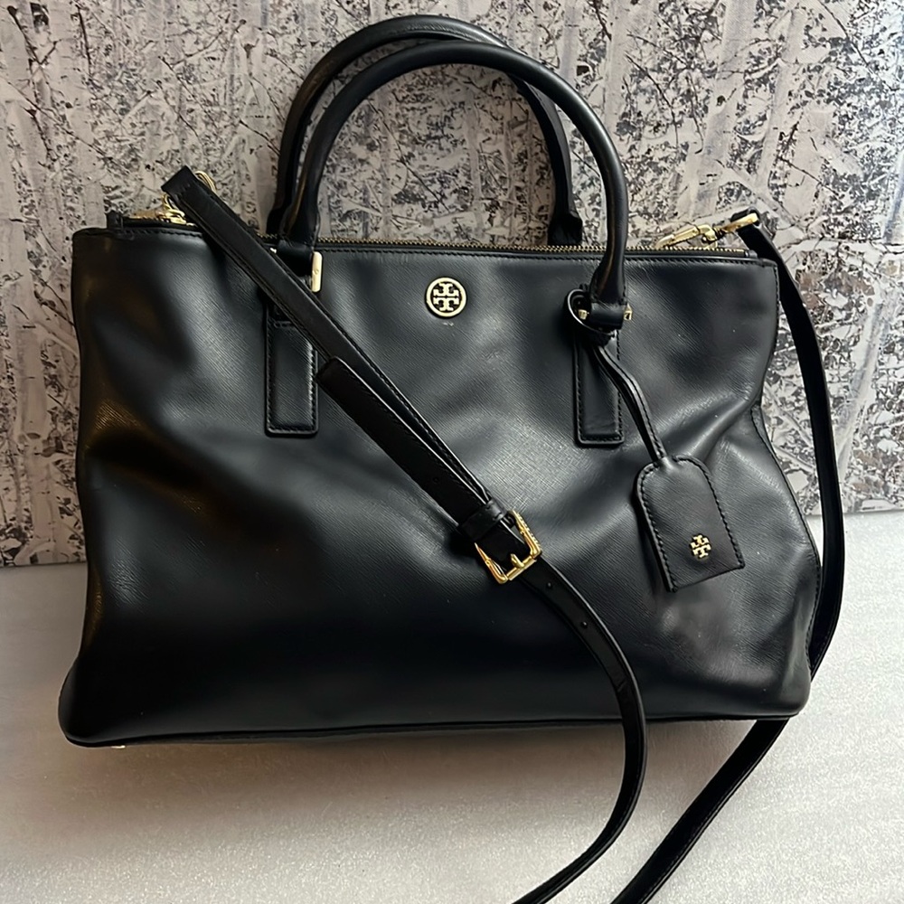 Tory Burch Black Leather Satchel with Gold Hardware